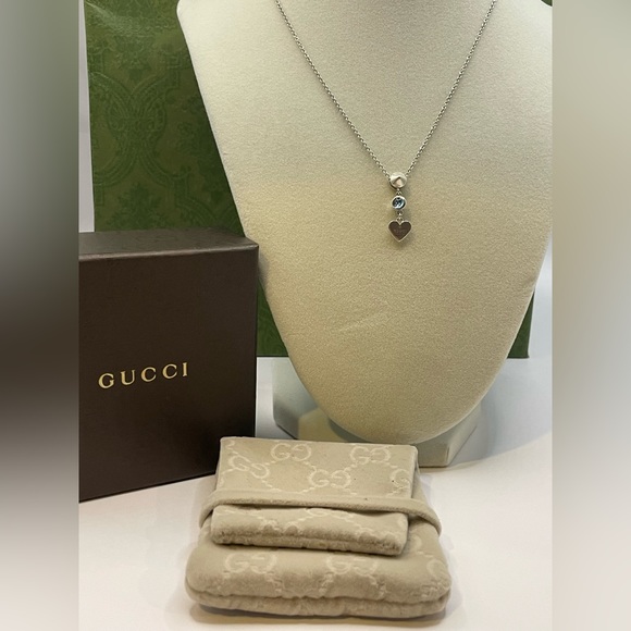 Gucci Necklace With Heart & Topaz Pendant In 925 Sterling Silver 16" - Picture 1 of 12
